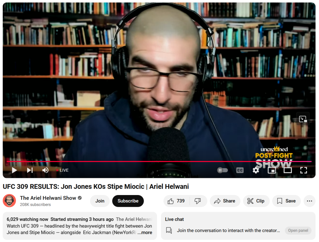 Ariel Helwani UFC 309 live stream showing 6,029 watching now.
