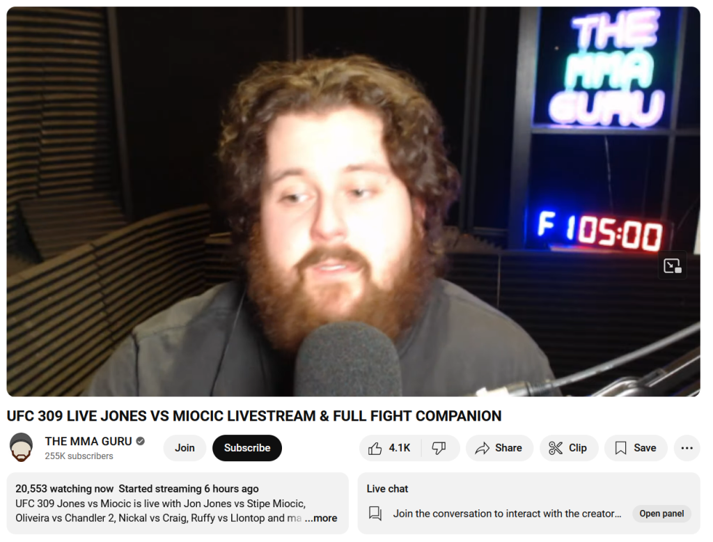 MMA Guru UFC 309 live stream showing 20,553 watching now.